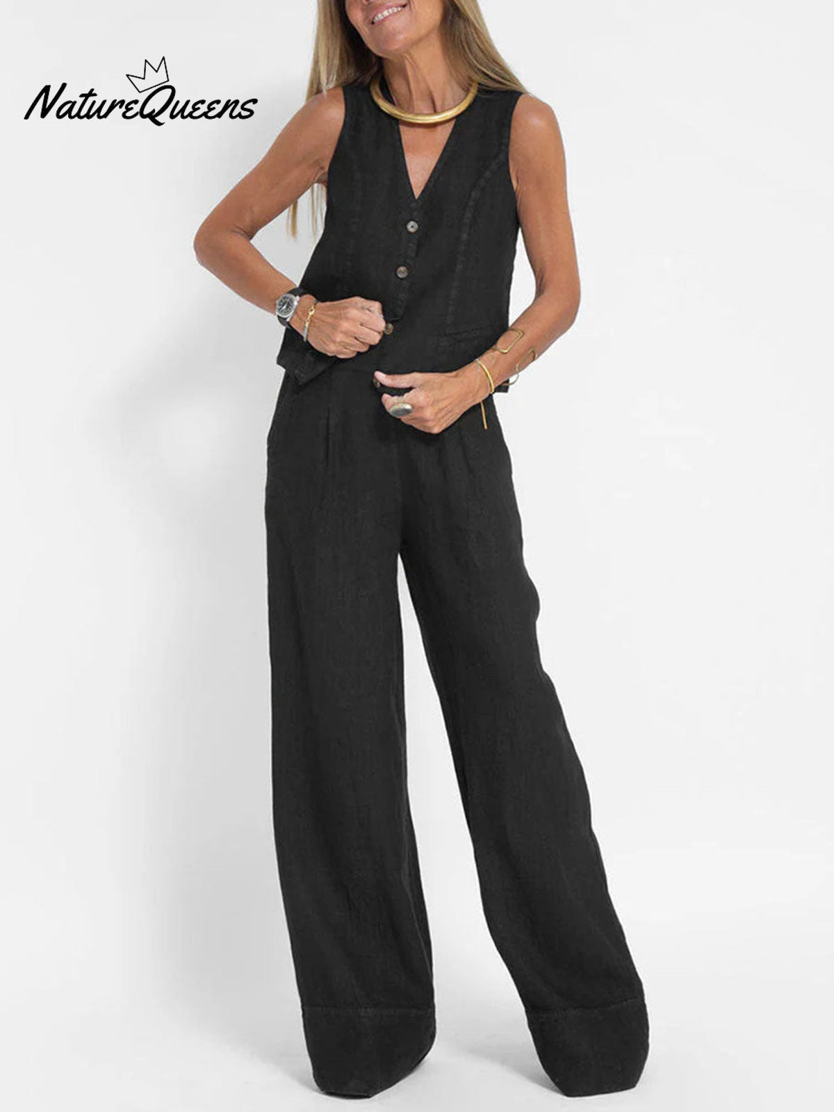 Fashion Solid Color Vest Trousers Collage Stitching Cotton and Linen Casual Suit
