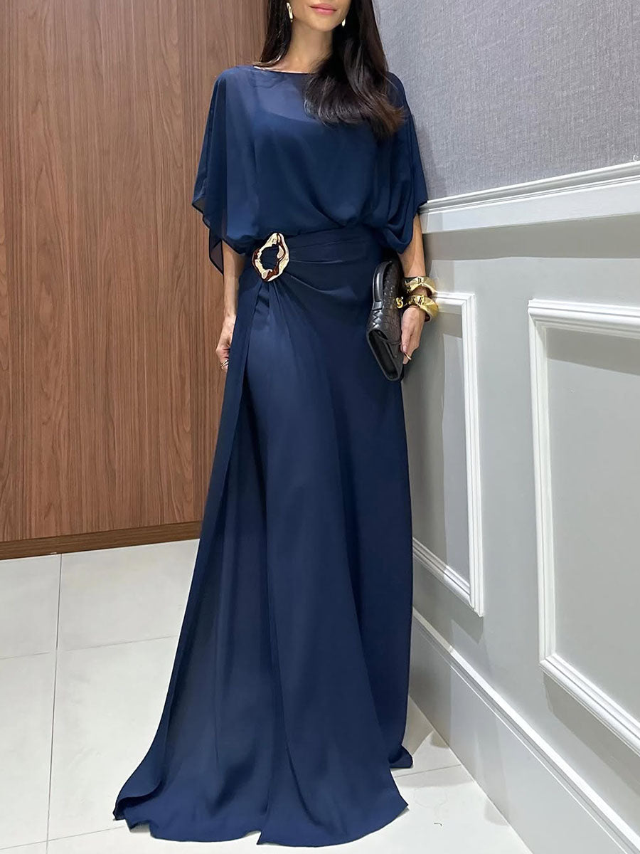 Round-Neck 3/4-Sleeve Casual Loose Chiffon Top and High-Waisted Wide-Leg Pants Set