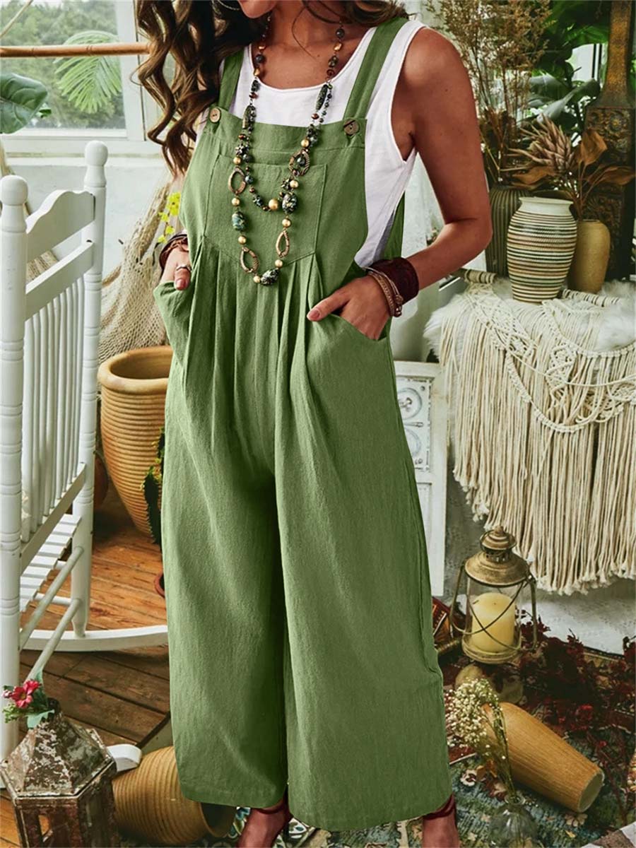 Solid Color Sleeveless Pocket Casual Linen Cotton Bib Wide-Leg Jumpsuit