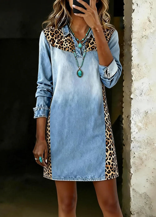 Fashion Casual Denim Patchwork Leopard Print Dress