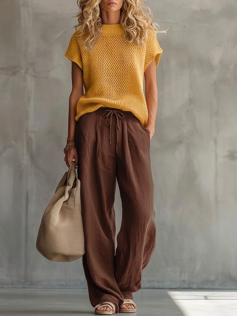 Casual Knitted Pullover Top and Linen-Cotton Trousers Two-Piece Set