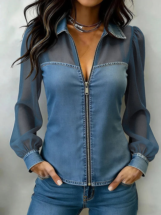 Retro Organza-Paneled Casual Zip-Front Denim Shirt