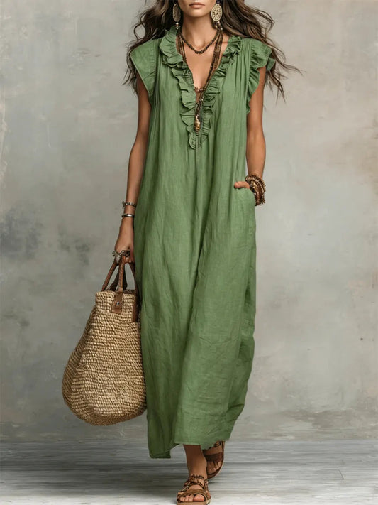 Solid Color Ruffled Art Casual Fashion Cozy Cotton Linen Dress
