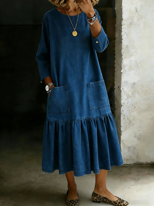 Vintage Crew Neck Long-Sleeved Casual Loose Denim Dress