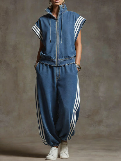 Stand-Collar Short-Sleeved Casual Loose Denim Top and High-Waisted Wide-Leg Jeans Set