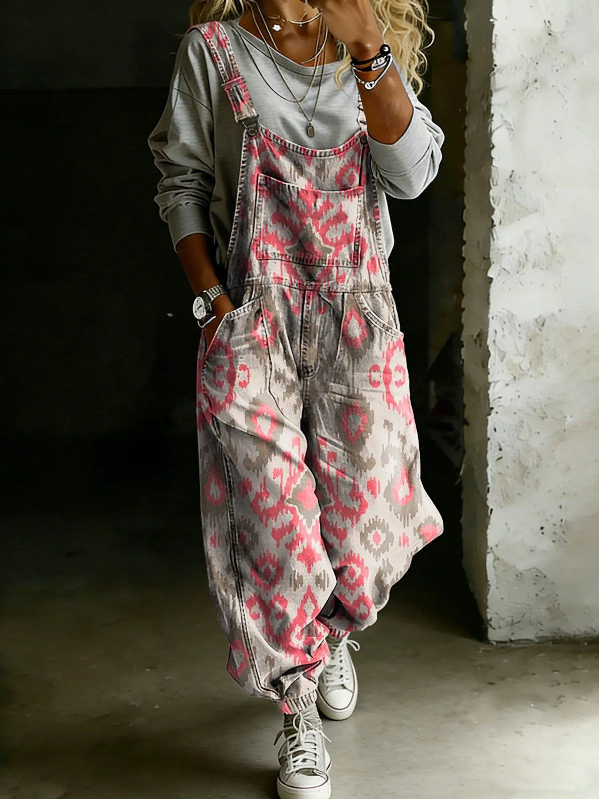 Vintage Ethnic Totem Art Print Casual One Piece Denim Jumpsuit