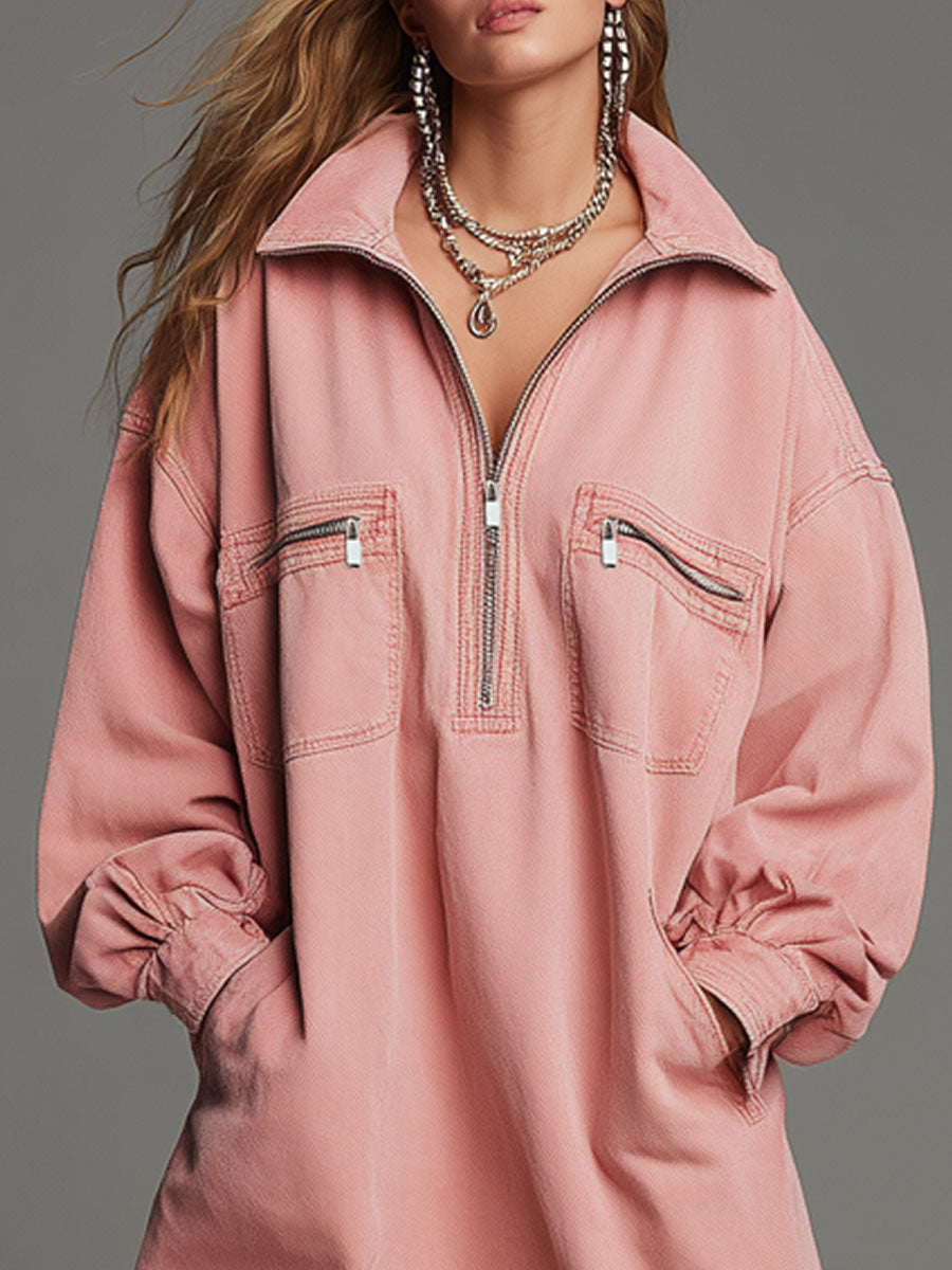 Casual Retro Pink Denim Half-Zip Long-Sleeved Mini Dress