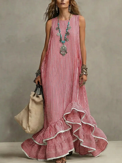 Retro Striped Art Ruffled Casual Stylish Cotton Linen Maxi Dress