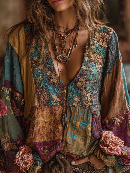 Bohemian Style Embroidered Flower Long-Sleeved V-Neck Bright Yellow Distressed Long-Sleeved Top