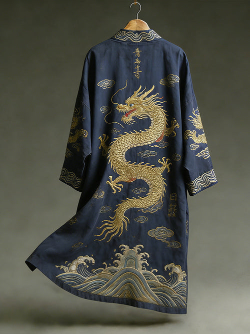 Antique Dragon Totem Embroidery in Dark Blue Kimono
