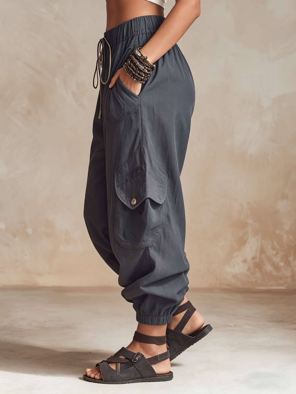 Lightweight Cargo Harem Pants with Drawstring Waist