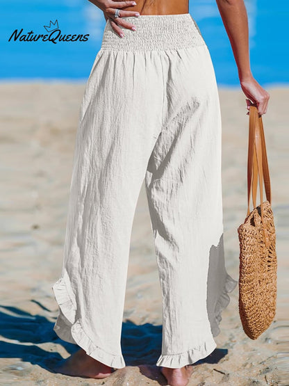 High-Waist Pleated Irregular Hem Cotton and Linen Loose Casual Pants