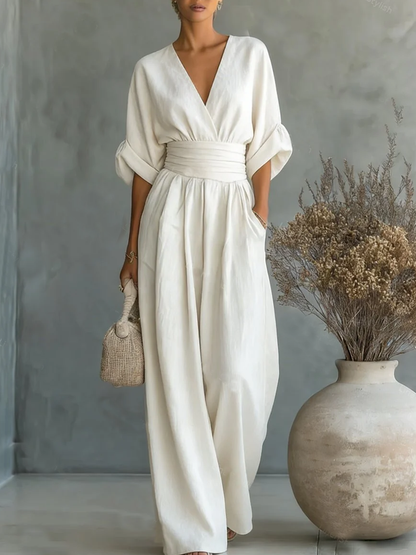Elegant V-Neck High-Waisted Loose Jumpsuit