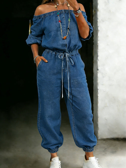 Casaul Off-Shoulder Cotton One Piece Denim Jumpsuit