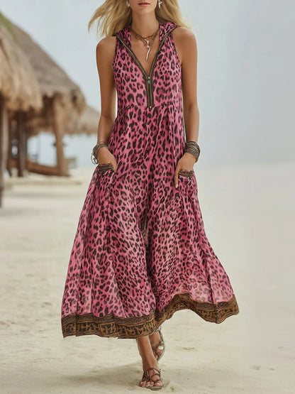 Retro Casual Green Leopard Print Art Hooded Midi Dress