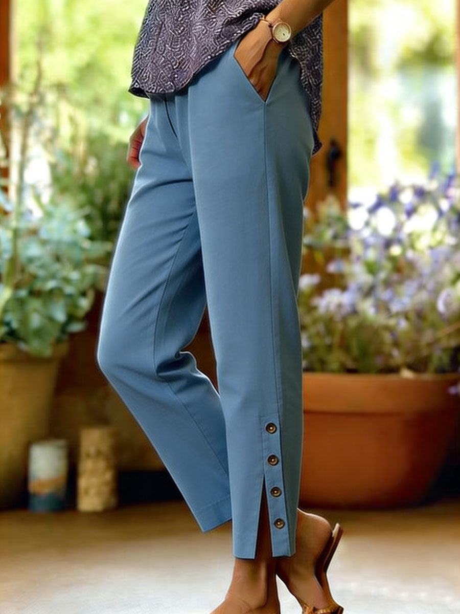 Cotton-Linen Button Slit Solid-Color Loose-Fit Casual Trousers