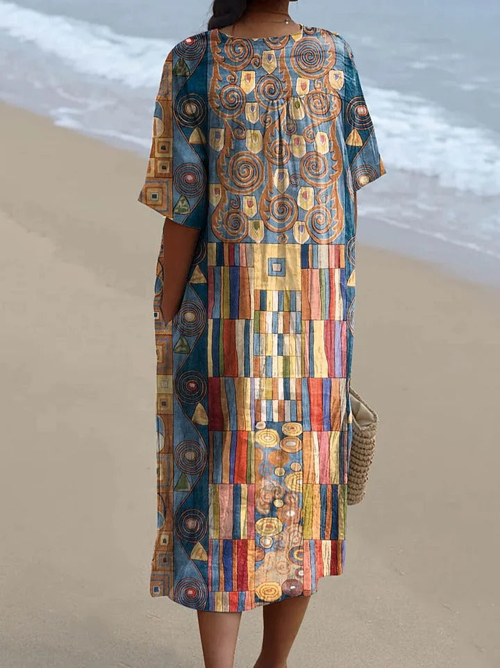 Abstract Geometric Pattern Art Print Sleeveless Cotton Pocket Wrap Dress