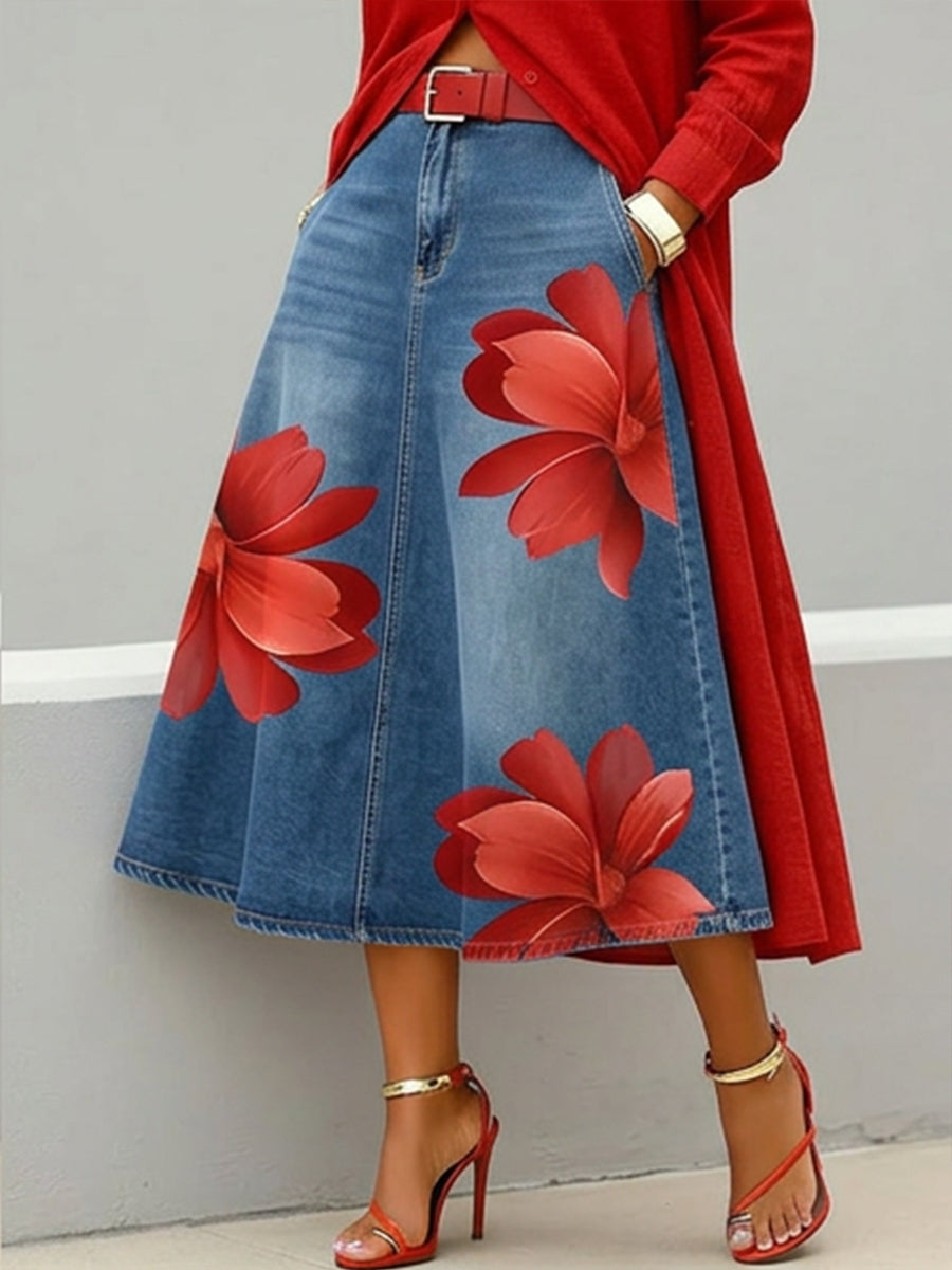 Casual Artistic Floral-Print A-Line Denim Skirt