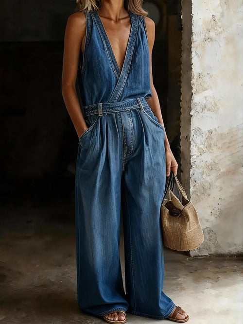 Casual Relaxed Denim V-Neck Jumpsuit