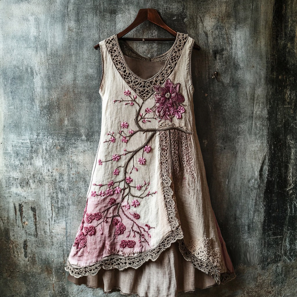 Cherry Blossom Embroidery Lace Patchwork Art Linen Tank Dress
