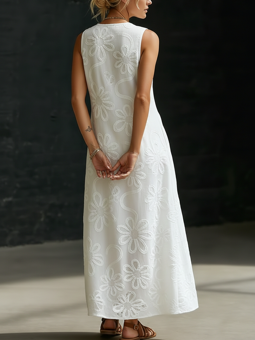 Elegant Floral Embroidery V-Neck Dress