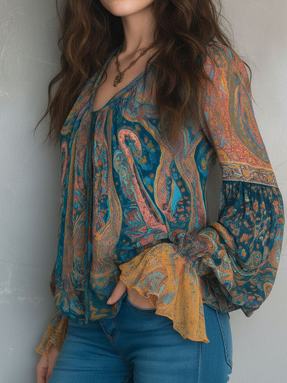 Bohemian Teal and Amber Paisley Chiffon Blouse with Ruffled Cuffs