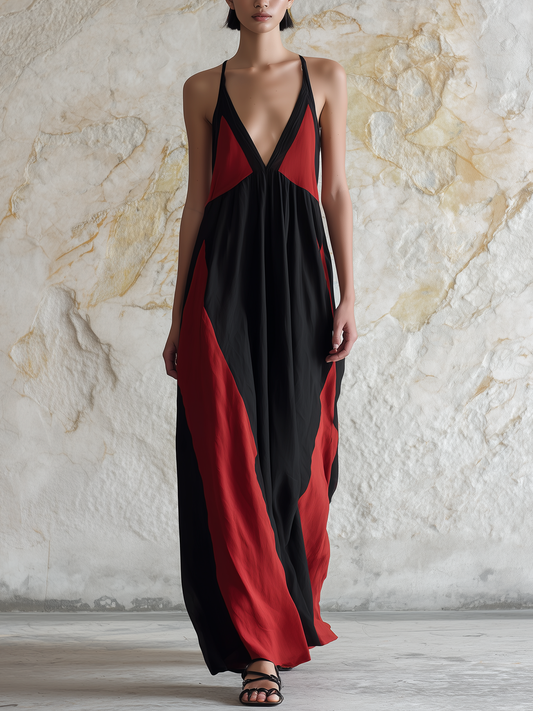 Black and Red Colorblock Halter Neck Backless Maxi Dress