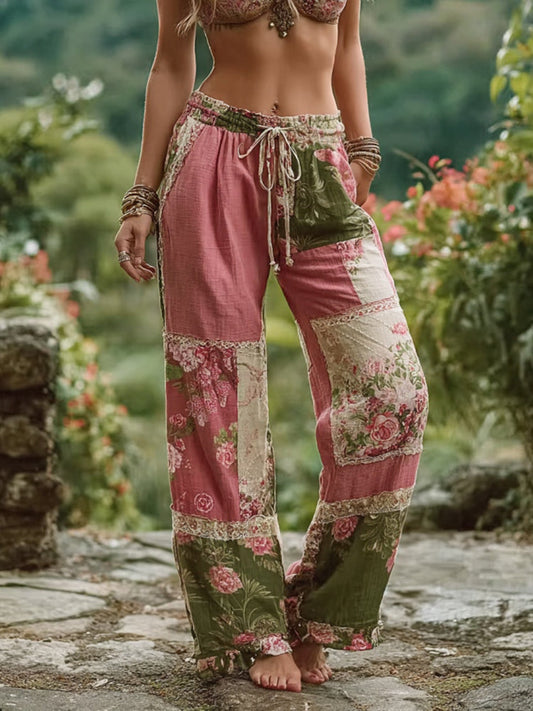 Retro Floral Patchwork Art Casual Pants