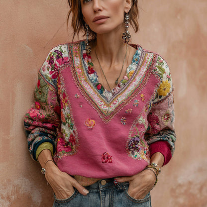 Bohemian Flower Embroidery Art V-Neck Casual Sweatshirt