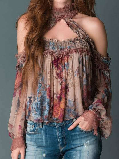 Boho Blush Floral Chiffon Cold-Shoulder Halter Blouse