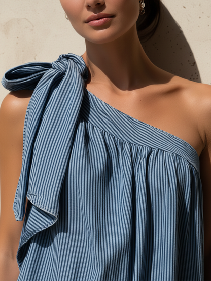 Blue Striped Denim One-Shoulder Maxi Dress