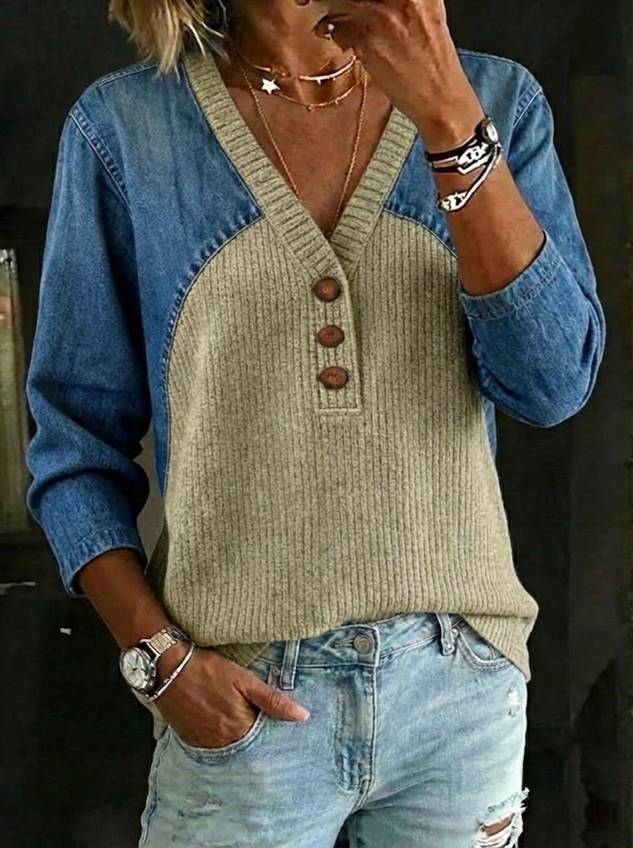 Retro Casual Denim and Cotton Knit Sweater