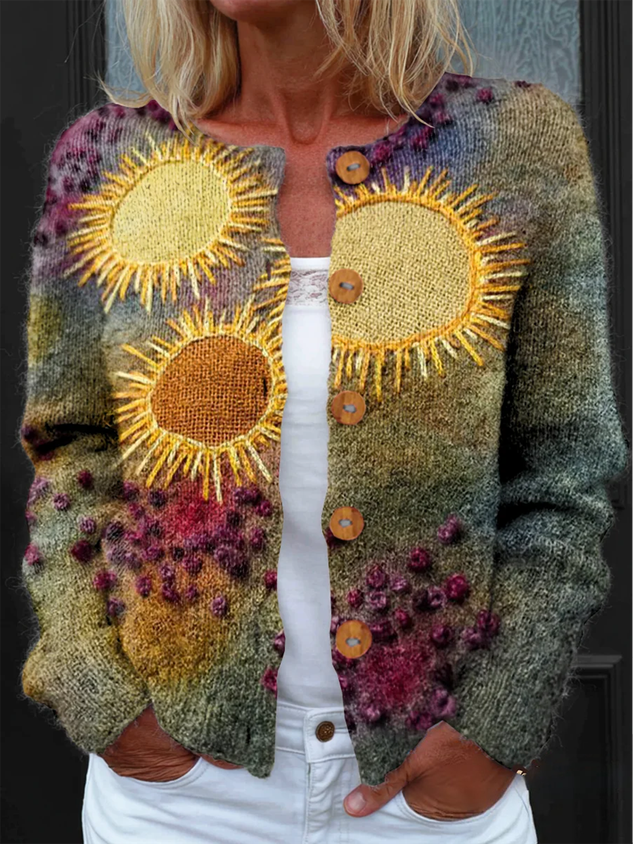 Women Knitted Geometric Long-Sleeve Comfy Vintage Cardigan