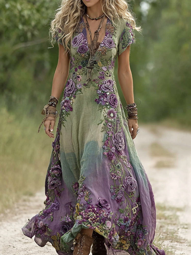 Vintage Green and Purple Lavender Patchwork and Floral Embroidered Art Linen Maxi Dress