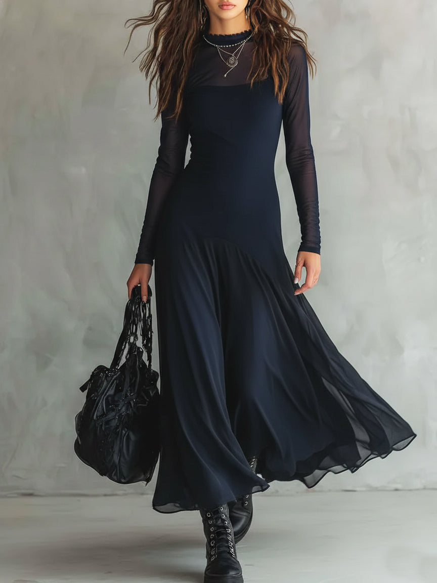 Elegant Mesh Sheer Multi-Layered Stretch Maxi Dress