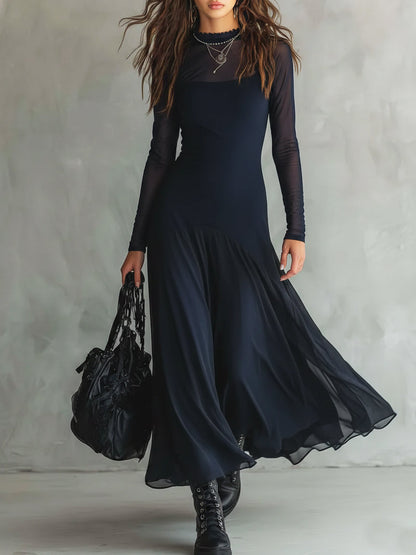 Elegant Mesh Sheer Multi-Layered Stretch Maxi Dress