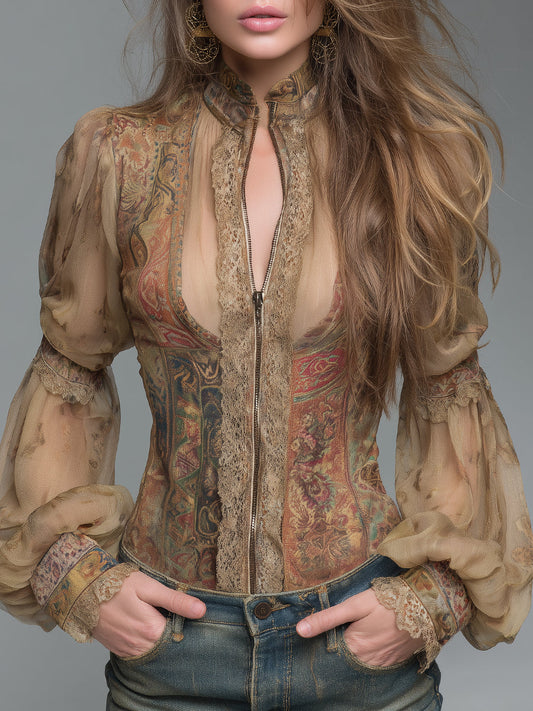 Bohemian-Style Printed Chiffon Blouse with Lace Trim
