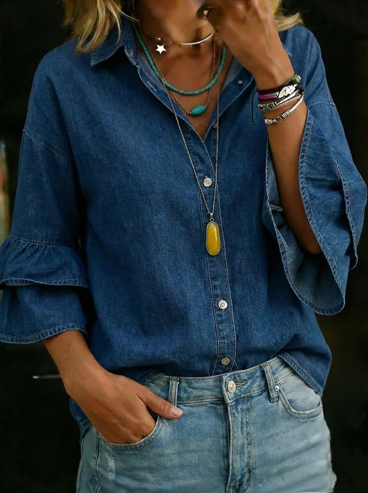 Fashion Designed Flared Sleeves Button-Down Denim Shirt