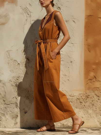 Rust Orange Washed Cotton Sleeveless Belted Wide-Leg Jumpsuit