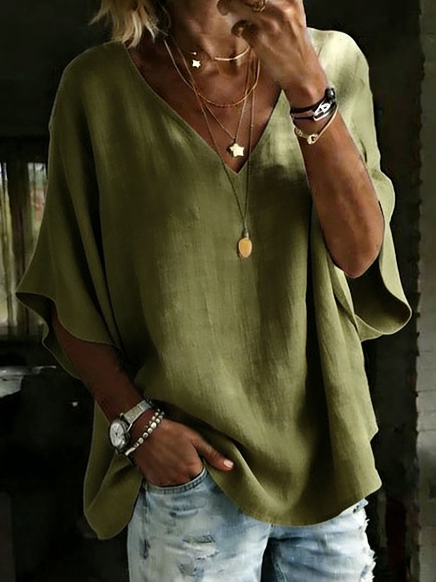 100% Cotton Classic Loose Fit V-Neck Dolman Sleeve T-Shirt