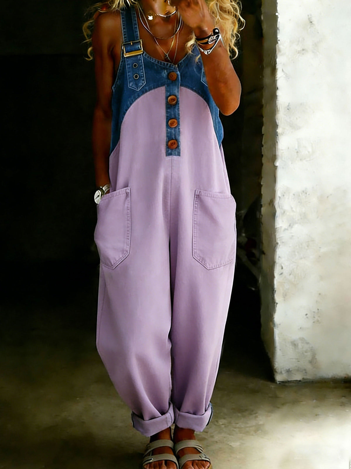 Casual One Piece Denim Denim Patchwork Jumpsuit