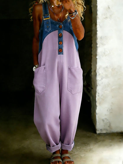 Casual One Piece Denim Denim Patchwork Jumpsuit