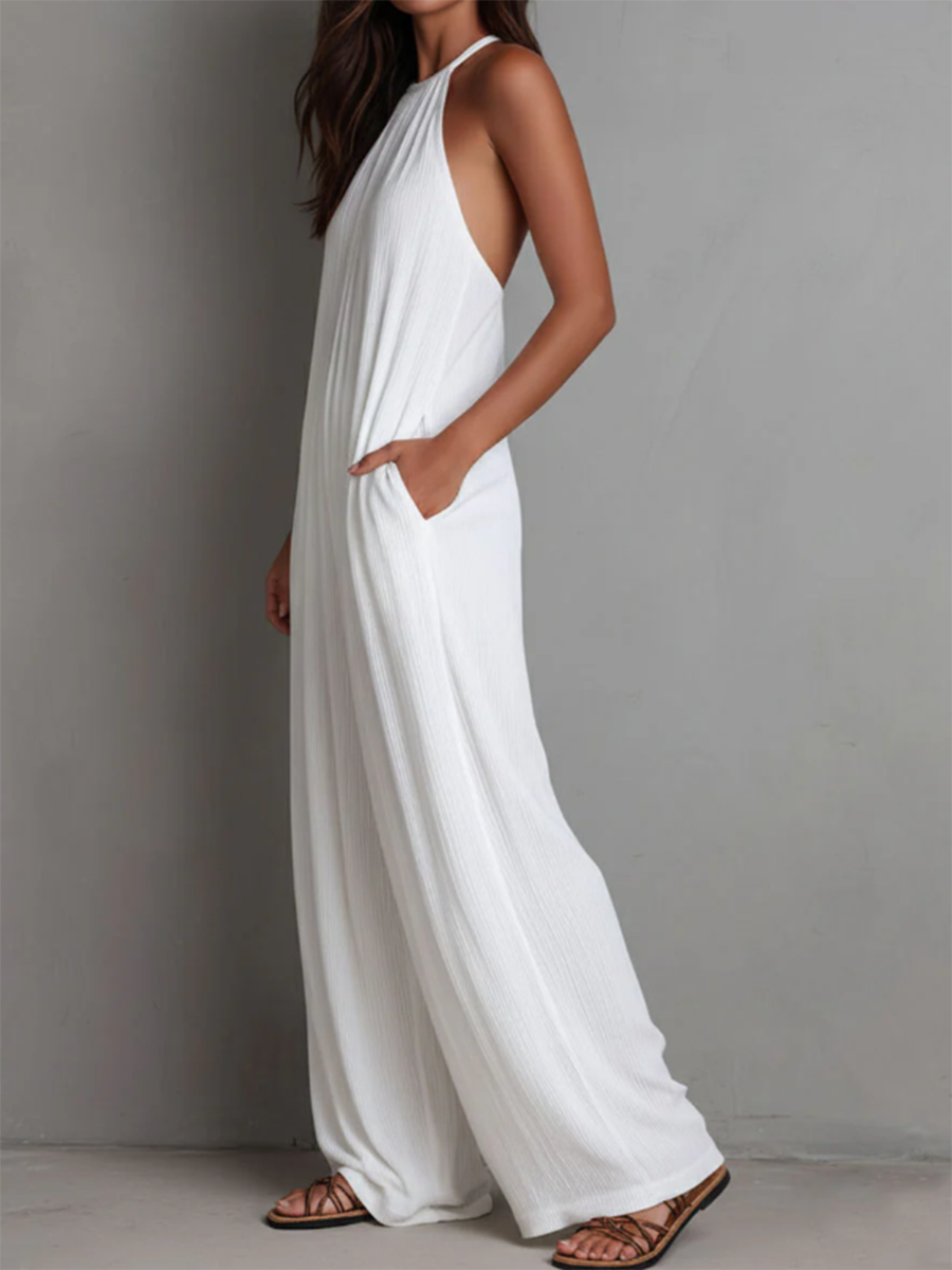 Minimalist Halter-Neck Loose Cotton-Linen Jumpsuit