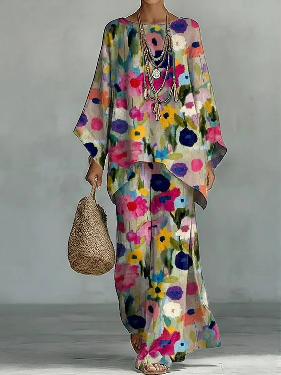 Vintage Floral Art Comfortable Loose Cotton Linen Wide-Leg Pants Two-Piece Set
