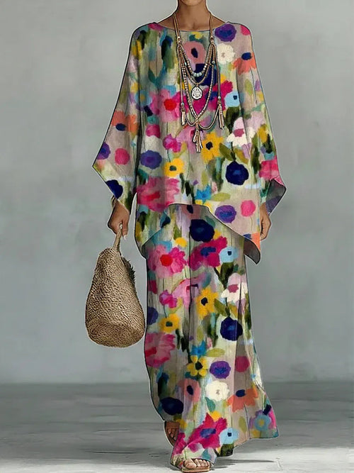 Vintage Floral Art Comfortable Loose Cotton Linen Wide-Leg Pants Two-Piece Set