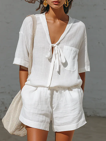 Minimalist Tie-Neck Linen Cotton Two-Piece Set