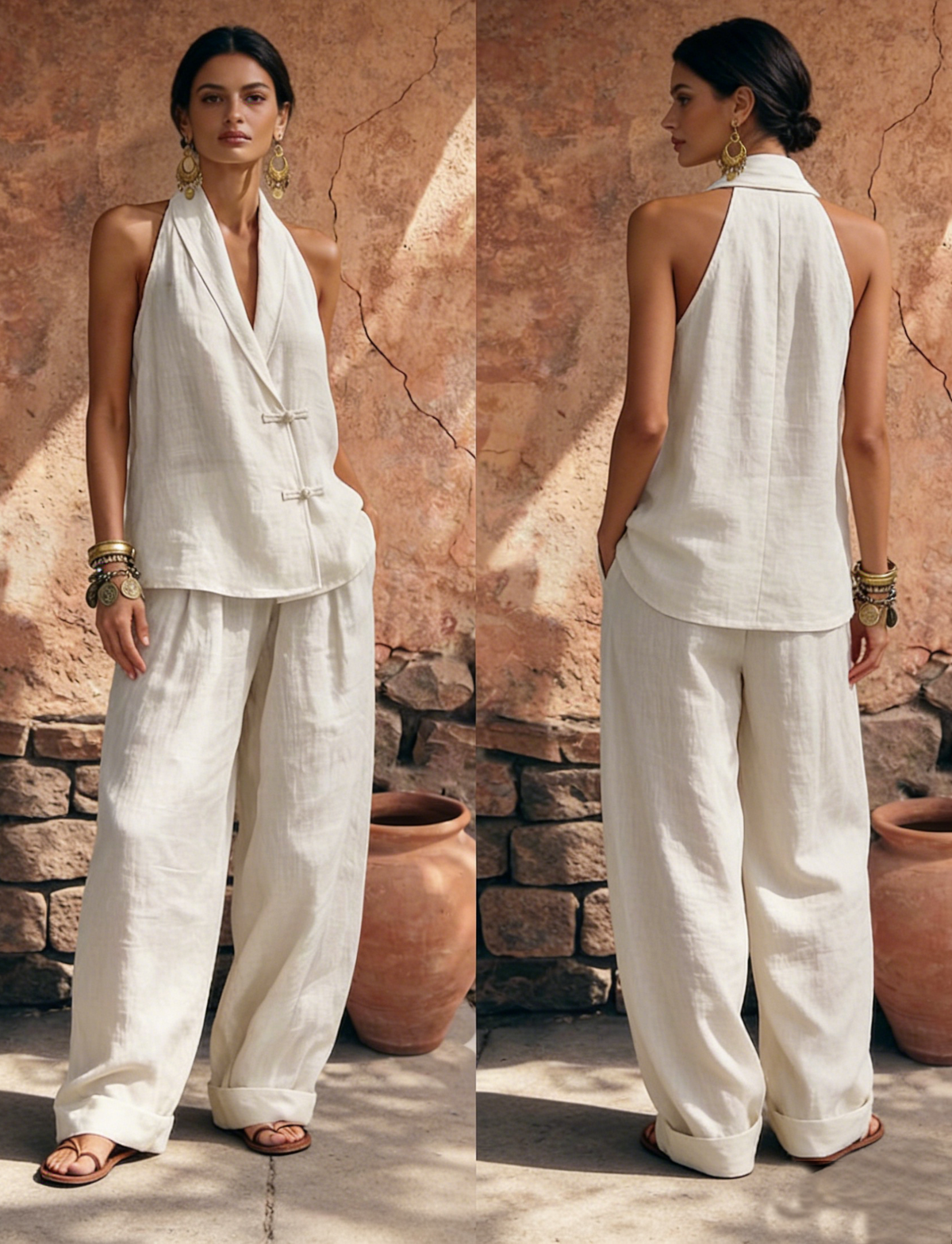 Stylish and Elegant Frog Closures Cotton-Linen Two-Piece Set