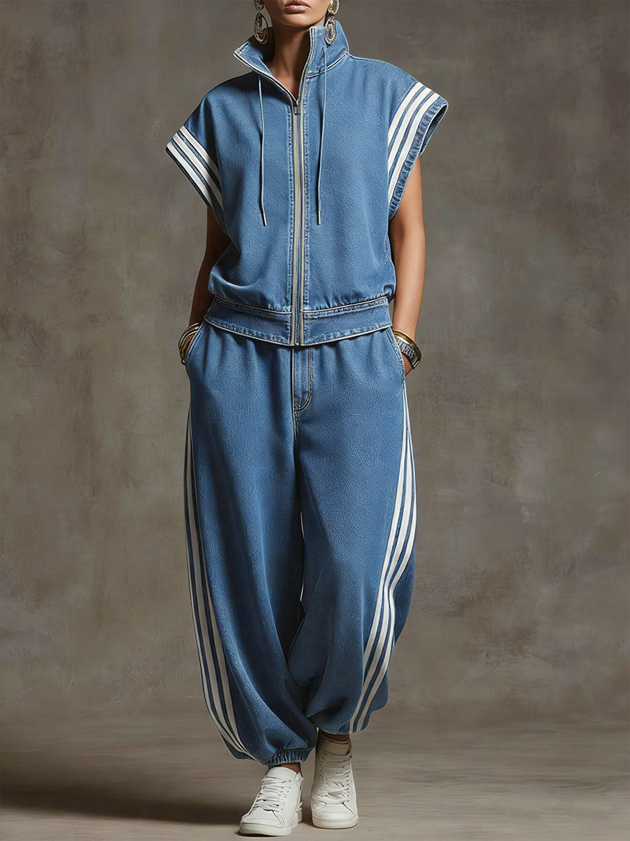 Stand-Collar Short-Sleeved Casual Loose Denim Top and High-Waisted Wide-Leg Jeans Set