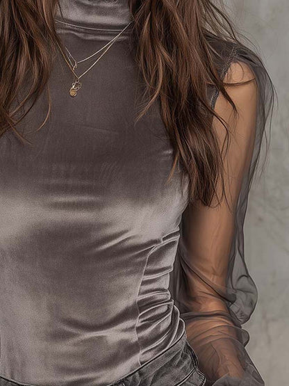 Velvet Mesh Panel High-Neck Top with Graphite Grey