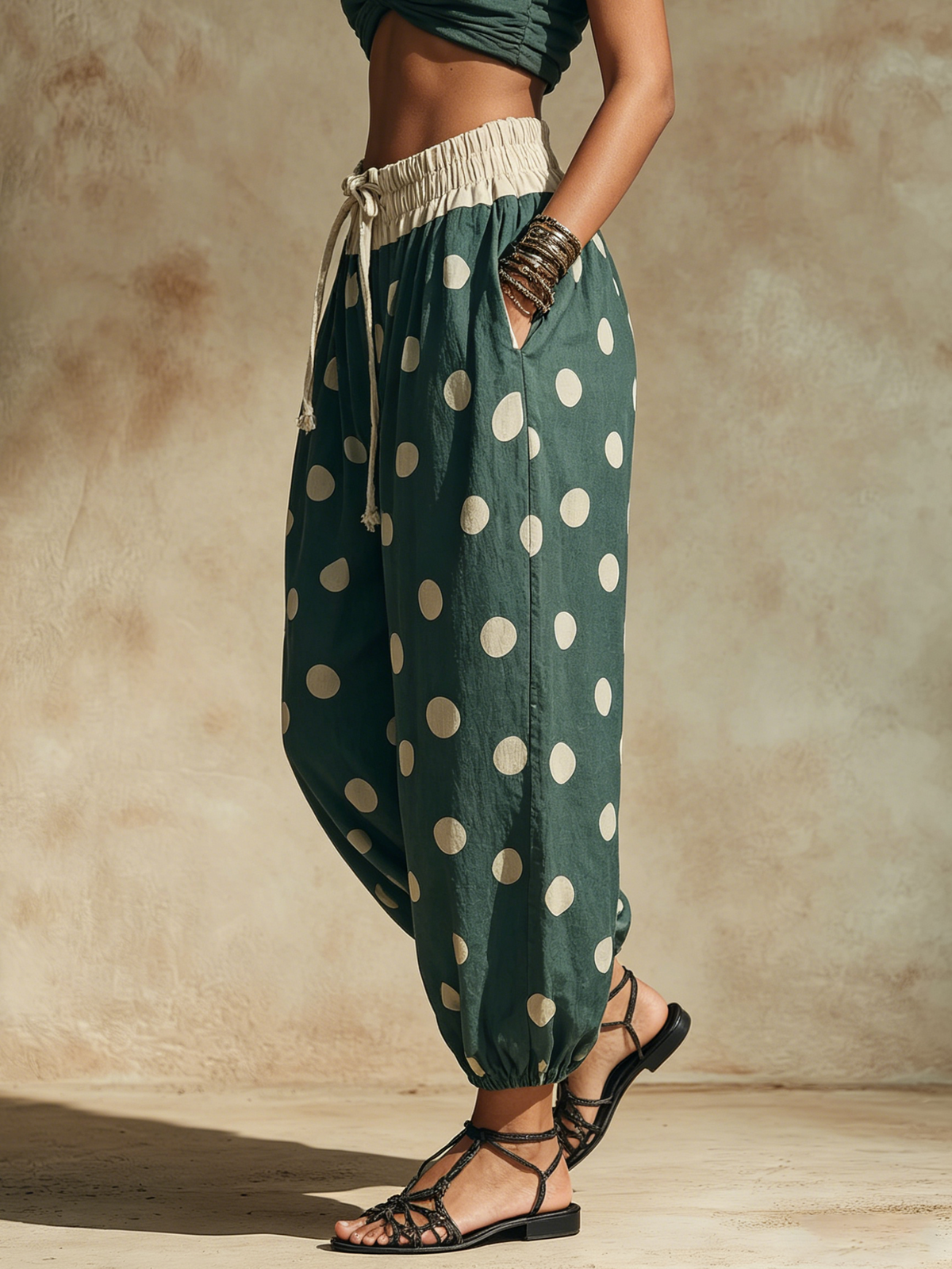 Teal Polka Dot High-Waisted Harem Pants with Drawstring Waist